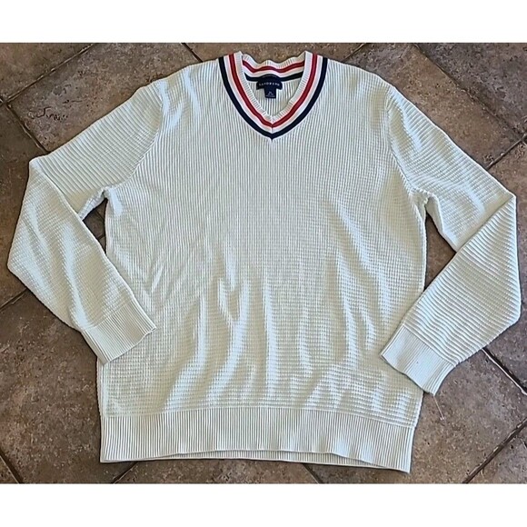 Lands End VTG 90s Men's XL V-Neck Waffle Knit Sweater USA 100% Supima Cotton - Picture 2 of 8